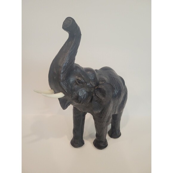 Elephant Black Leather Wrapped Vintage 13-14” Lucky Trunk Up Sculpture Statue - Picture 2 of 12
